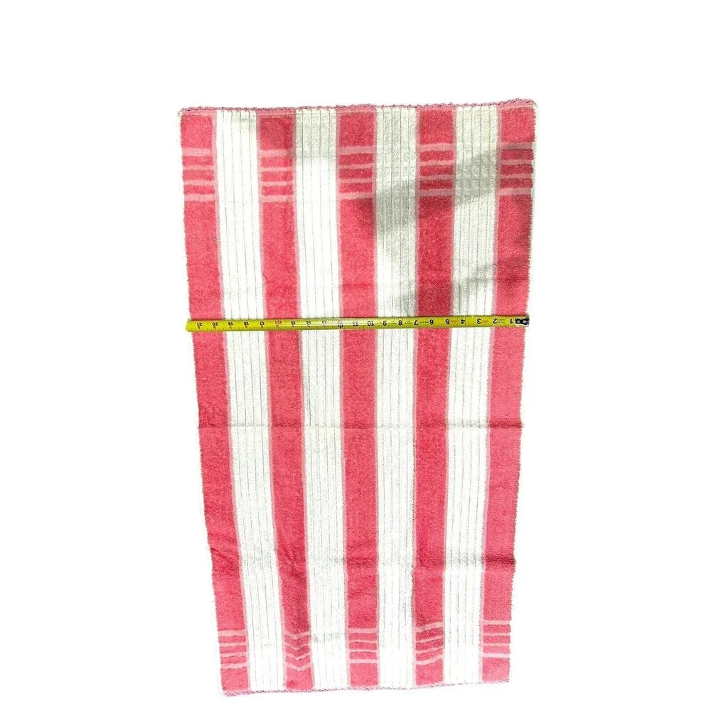 Vtg CONE Pink White Gold Stripe Textured Bath Towel Embroidered Edge Barbie Core